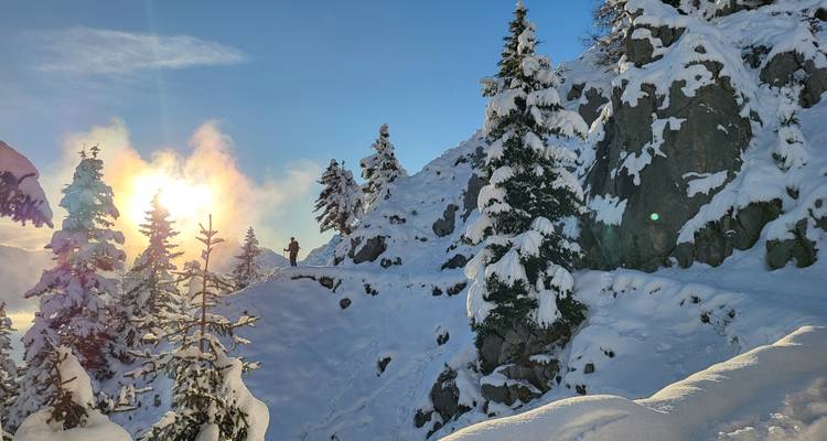 Randonneur en silhouette sur une crête enneigée avec rayons de soleil et nuages vaporeux s'élevant derrière des sommets de conifères