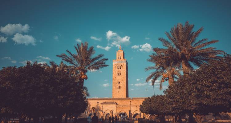Hoher Koutoubia-Moschee-Turm eingerahmt von Palmen unter einem klaren blauen Marrakesch-Himmel.