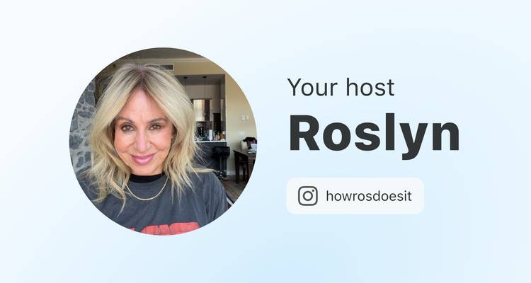 Portrait d'un animateur souriant avec du texte en superposition présentant Roslyn et un nom d'utilisateur Instagram.
