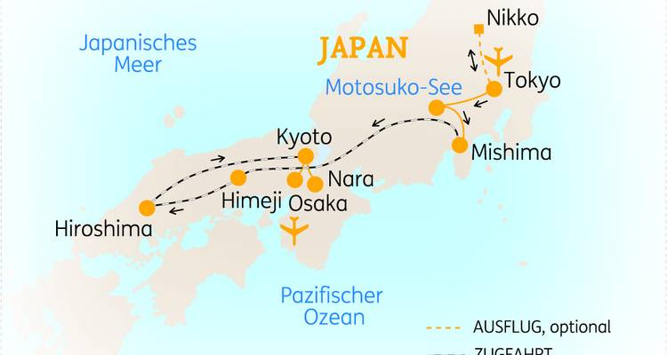 Tourkarte von Japan mit einer Route durch Tokio, Kyoto, Osaka, Nara und Hiroshima.