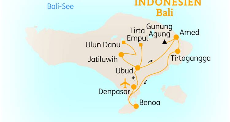 Vereinfachte Touristenkarte von Bali mit Kennzeichnung wichtiger Städte, Tempel und Routen auf der ganzen Insel.