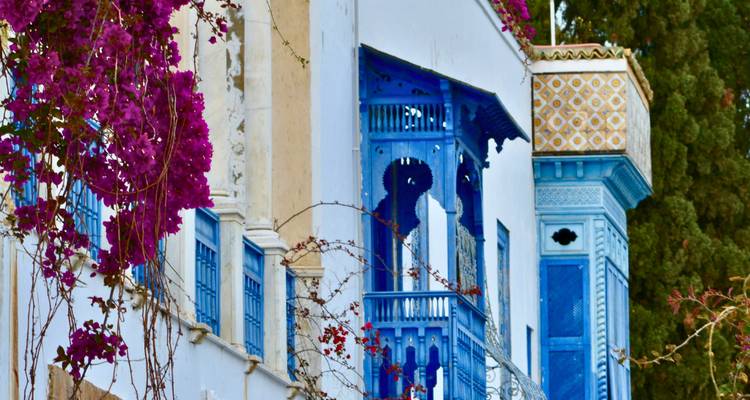 Des murs blanchis à la chaux avec des balcons en bois bleu vif et des bougainvillées magenta caractérisent Sidi Bou Saïd.