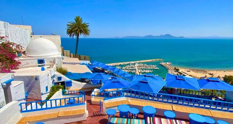 Une terrasse d'ombrelles bleues surplombe la marina et la mer turquoise à Sidi Bou Saïd.