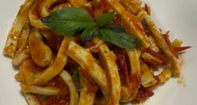 Gros plan de pâtes dans une riche sauce tomate garnies de basilic frais sur une assiette blanche