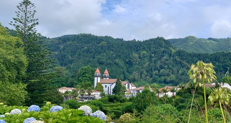 Malerisches Dorf mit weißen Kirchtürmen, eingebettet in ein grünes Bergtal, das mit Hortensien übersät ist.