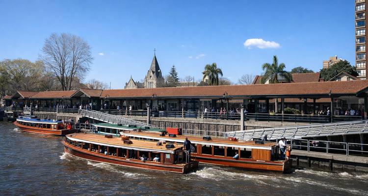 Bateaux de passagers en bois amarrés près d'un terminal au bord de la rivière avec un clocher d'église et des palmiers en arrière-plan par une journée ensoleillée.
