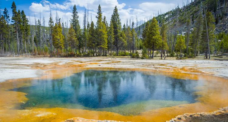 Manantial termal geotérmico vibrante con tonos vivos naranjas y azules rodeado de pinos en Yellowstone.
