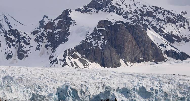 A massive glacier front stretches beneath rugged snow-clad peaks under muted Arctic light.