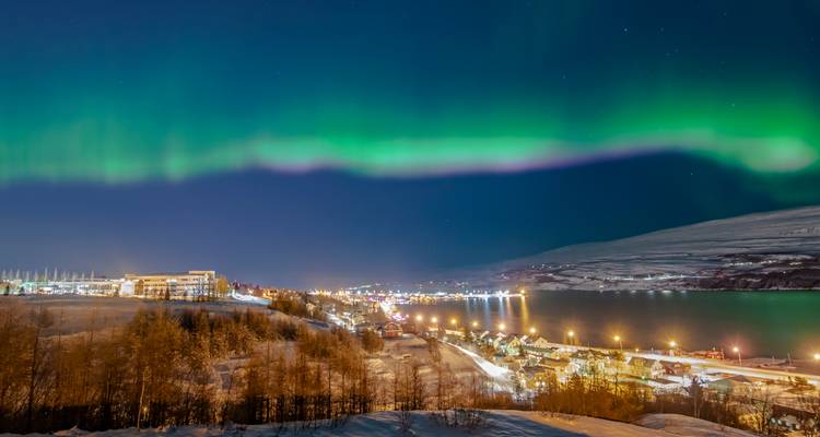 Aurora boreal verde vibrante danzando sobre un pueblo cubierto de nieve y un fiordo en la noche.