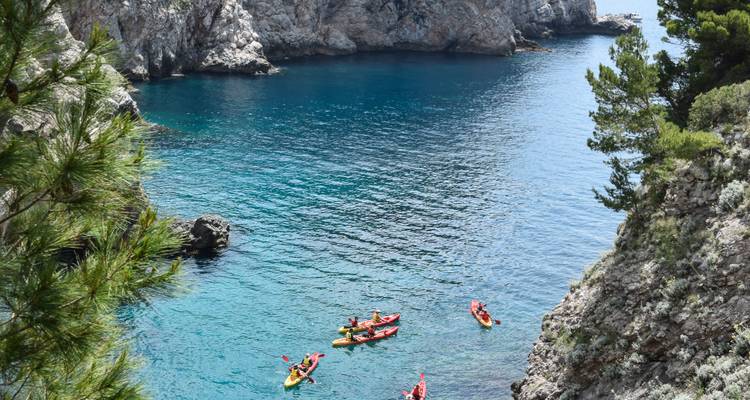 Des kayakistes pagaient dans une eau turquoise cristalline dans une crique rocheuse isolée entourée de pins.