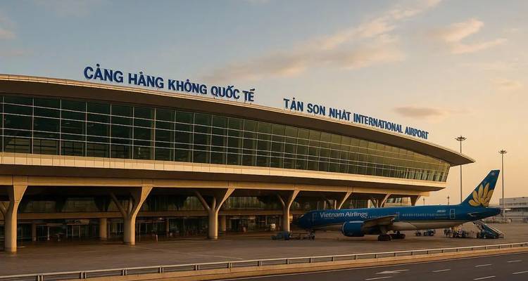 Exterior of Tan Son Nhat International Airport with a Vietnam Airlines jet at dawn.
