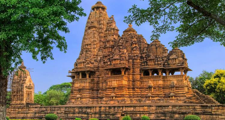 De ingewikkeld gebeeldhouwde zandstenen torenspitsen van een Khajuraho-tempel rijzen op tussen groene bomen onder een heldere hemel.