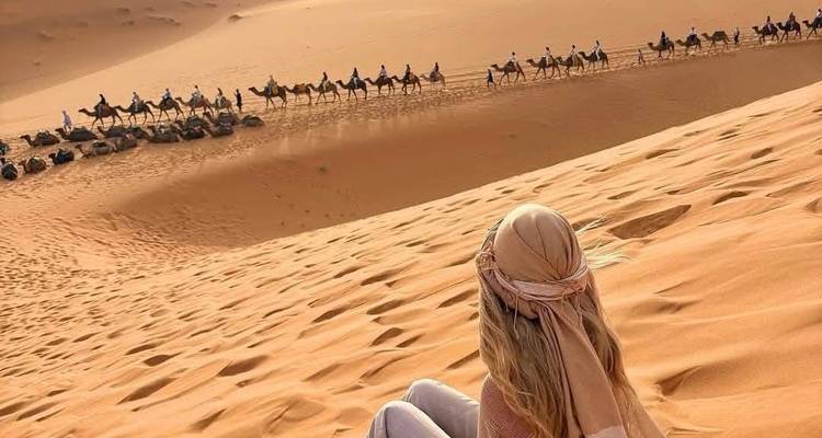 Traveller sits on a high dune watching a long camel caravan crossing the Sahara.