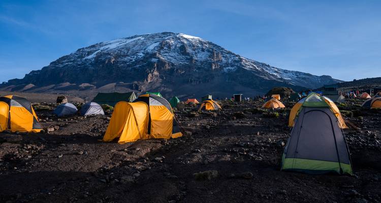 Tiendas de expedición coloridas se dispersan por un campamento rocoso bajo la imponente pared nevada del Kilimanjaro