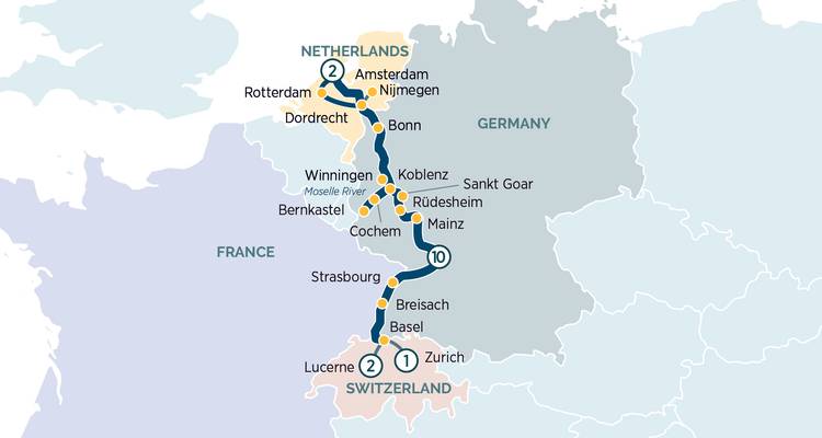 Carte d'itinéraire mettant en évidence un parcours sur le Rhin et les voies navigables néerlandaises à travers les Pays-Bas, l'Allemagne, la France et la Suisse.