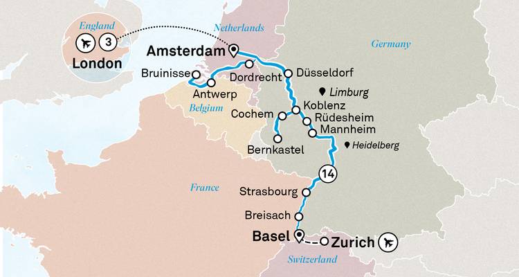 Een gestileerde reisroutekaart die een vlucht-cruise route toont tussen Londen, Amsterdam, Basel en Zürich.