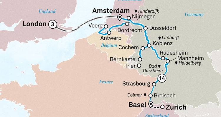 Map of river cruise route from London to Amsterdam and Basel