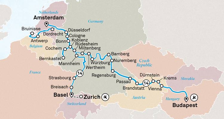 Carte d'itinéraire étendu s'étendant d'Amsterdam à Budapest avec lignes de parcours et icônes.
