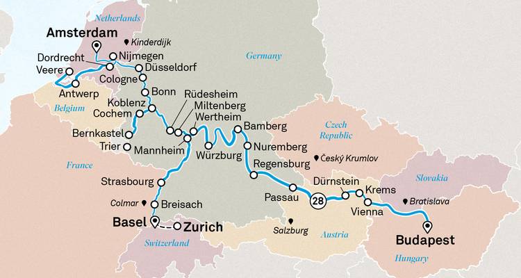 River cruise tour map highlighting Amsterdam, Basel and Budapest with detailed central European route.