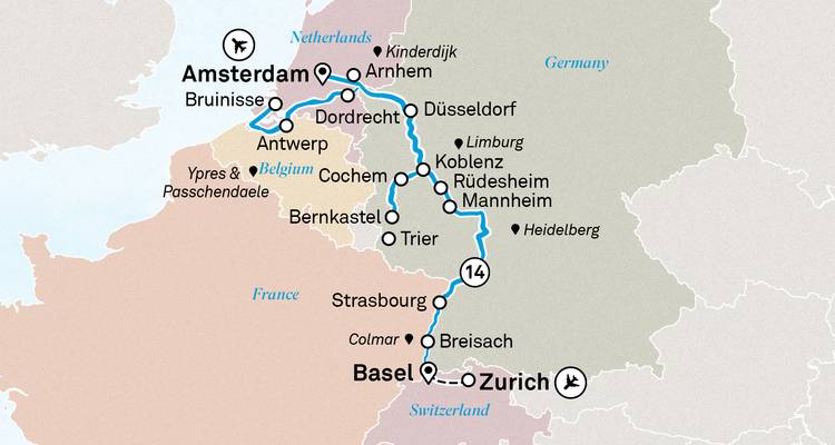 Carte d'itinéraire mettant en évidence une croisière sur le Rhin entre Amsterdam et Bâle avec les escales principales.