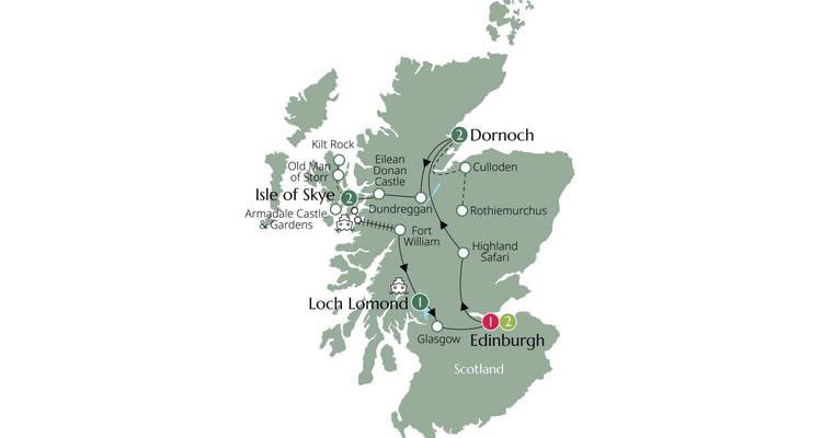 Rondreiskaart van Schotland met Edinburgh, Isle of Skye, Loch Lomond en Dornoch