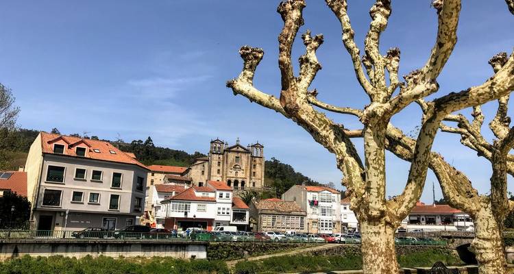 Kahle Platanen rahmen eine kleine iberische Stadt mit einer zweitürmigen Kirche auf einem Hügel ein.