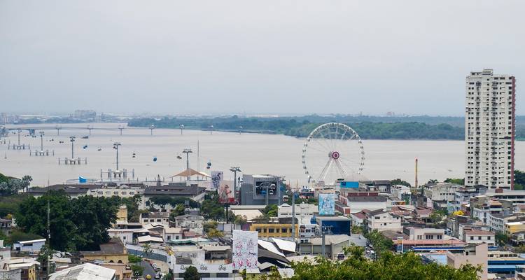 Paisaje urbano con noria La Perla y líneas de teleférico junto al río