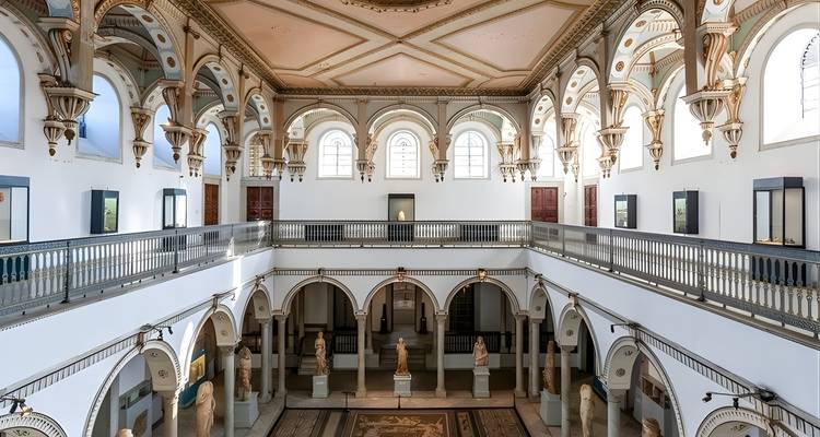 Elegant interior of the Bardo Museum with arched galleries, classical statues and ornate ceiling.