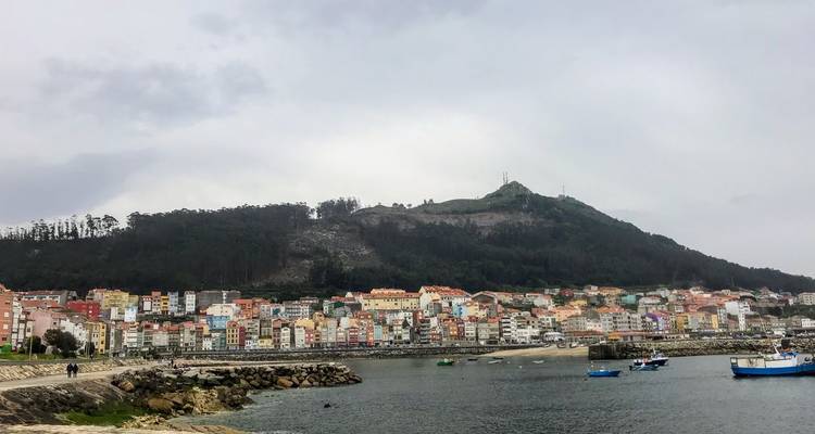 Kleurrijk kustplaatsje met beboste heuvels op de achtergrond op een bewolkte dag met vissersboten in de haven.