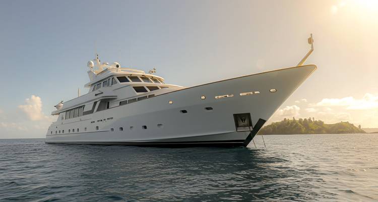 Plan en contre-plongée d'un yacht blanc à l'ancre avec une douce lumière de lever de soleil et une petite île en arrière-plan.