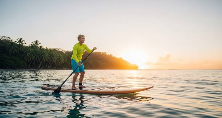 Personne faisant du paddle sur une mer calme au coucher du soleil avec un promontoire boisé dans une lumière chaude.
