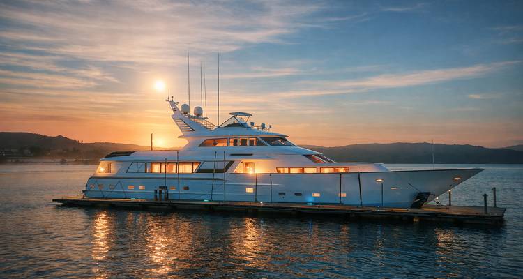 Élégant super-yacht illuminé par les lumières intérieures au coucher du soleil amarré à un quai.
