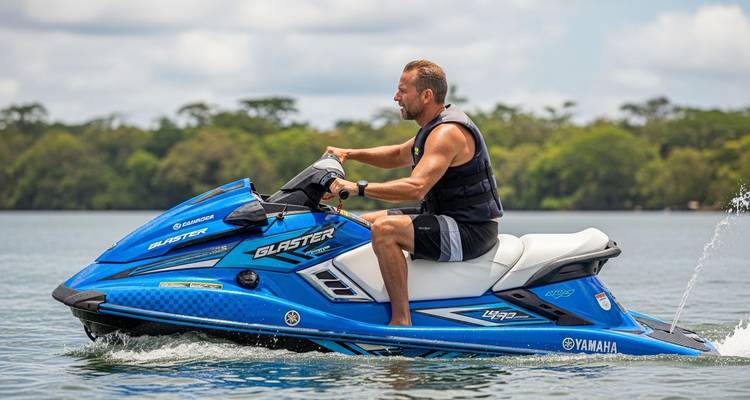 Homme conduisant un jet ski Yamaha bleu à grande vitesse sur une eau tropicale calme avec un rivage boisé en arrière-plan.