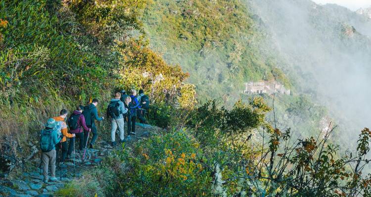 Une file de randonneurs suit un sentier de montagne brumeux à travers une végétation verte dense.