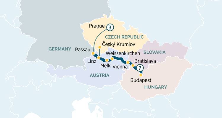 Carte d'itinéraire touristique simplifiée montrant les villes et rivières d'Europe centrale à travers l'Allemagne, l'Autriche, la République tchèque, la Slovaquie et la Hongrie.