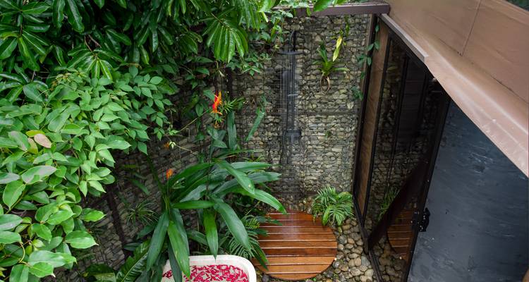 Buitendouche-binnenplaats met stenen muren, tropische planten en regendouche-armatuur.