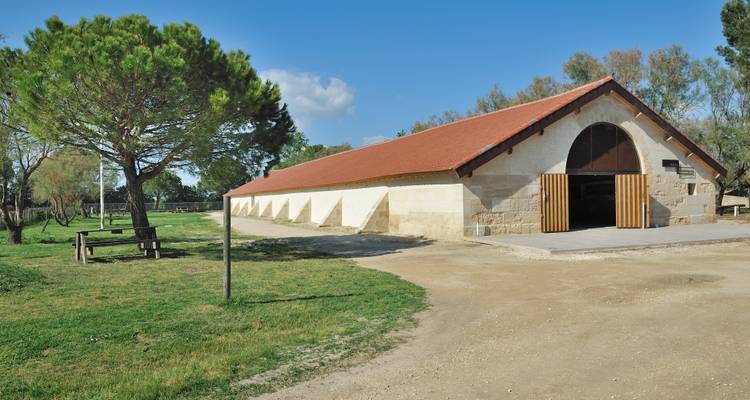 Long bâtiment d'étable en pierre bas avec un toit rouge situé dans un paysage rural herbeux par une journée claire.
