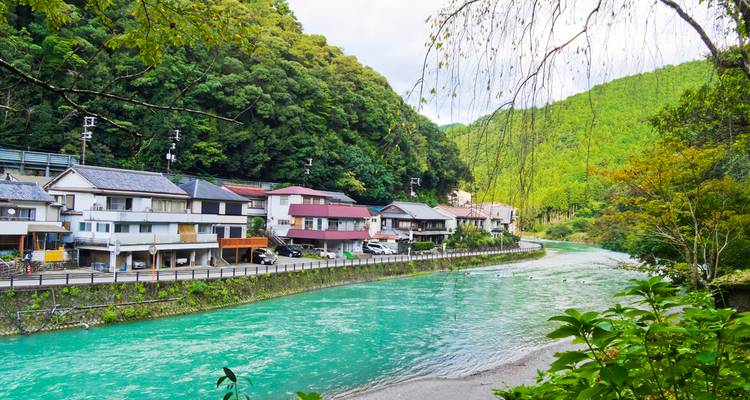 Village au bord de la rivière avec des maisons aux couleurs pastel adossées à des collines verdoyantes et une eau turquoise