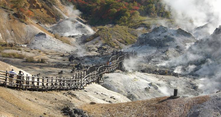 Promenade en bois serpentant à travers une vallée géothermique fumante avec des évents sulfuriques.