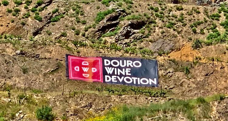 Großes Banner mit der Aufschrift „Douro Wine Devotion" an einem terrassierten Weinberghang befestigt