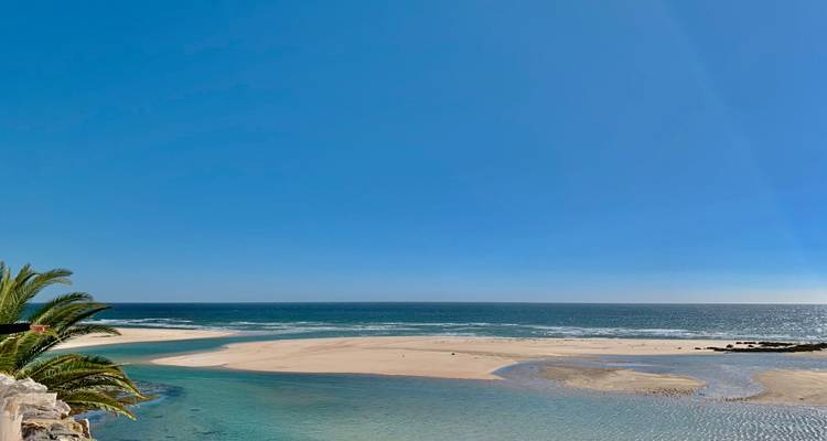 Unberührte Sandbank und Lagune treffen unter wolkenlosem blauen Himmel auf den Atlantik, Palmwedel am Rand