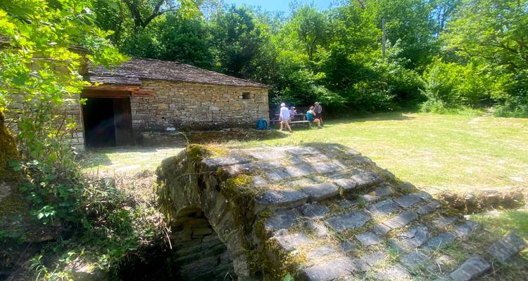 Los amigos se relajan cerca de una vieja cabaña de piedra de pastor y un puente arqueado cubierto de musgo en un claro soleado.