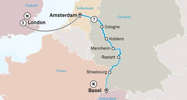 Mapa de ruta simplificado de Londres a Ámsterdam a Basilea con ciudades clave marcadas