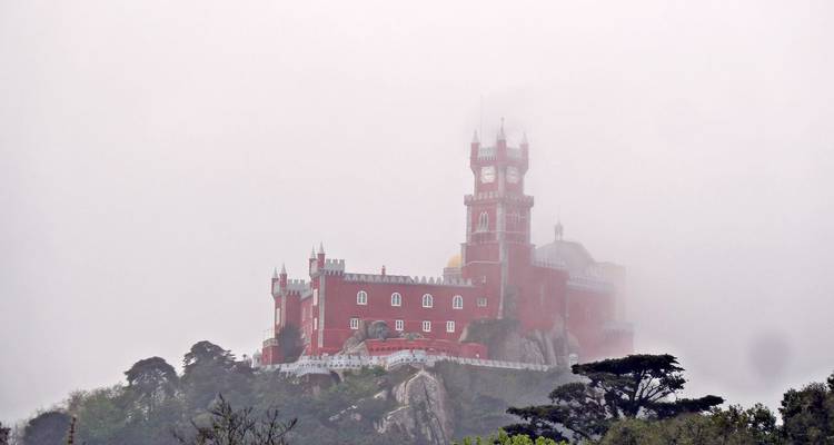 Rotes Märchenschloss auf einem Hügel thronend, gehüllt in atmosphärischen Nebel über bewaldeten Hängen.