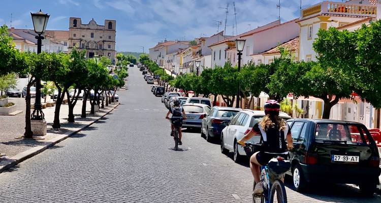 Radfahrer fahren eine mit Orangenbäumen und parkenden Autos gesäumte Kopfsteinpflasterstraße hinauf in Richtung eines historischen Gebäudes.