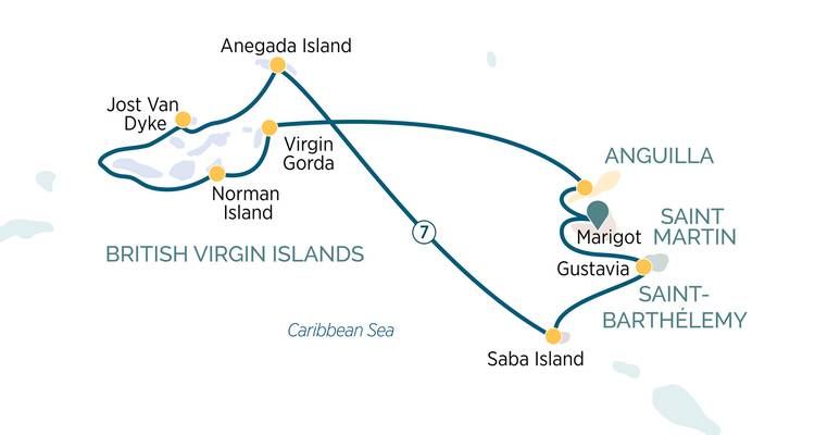 Kreuzfahrtroutenkarte mit den Inseln der Britischen Jungferninseln, Saint Martin und der umliegenden Region