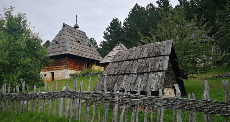 Scène de village serbe rustique avec des cottages en bois, une forêt de pins en arrière-plan et une clôture tressée au premier plan.