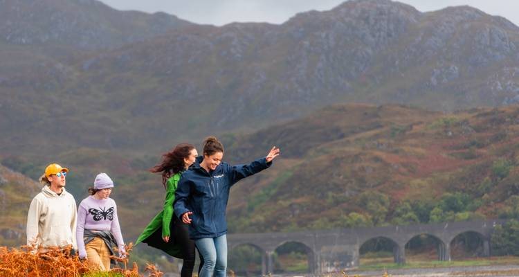 Des amis font une randonnée à travers la lande colorée des Highlands avec un viaduc ferroviaire en pierre en arrière-plan.