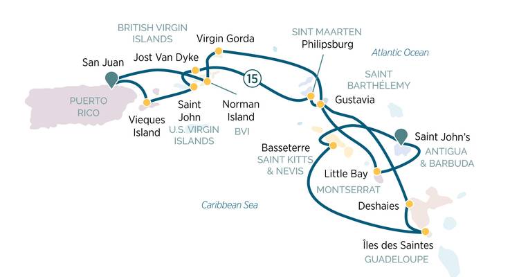 Carte d'itinéraire de croisière stylisée montrant les routes entre Porto Rico, les îles Vierges et d'autres escales des Caraïbes.