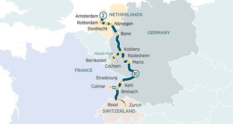 Carte illustrant un itinéraire de croisière fluviale de la Suisse à travers la France et l'Allemagne jusqu'aux Pays-Bas.